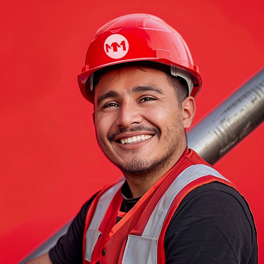 Hombre con casco rojo y chaleco reflectante sonriendo frente a un fondo rojo.