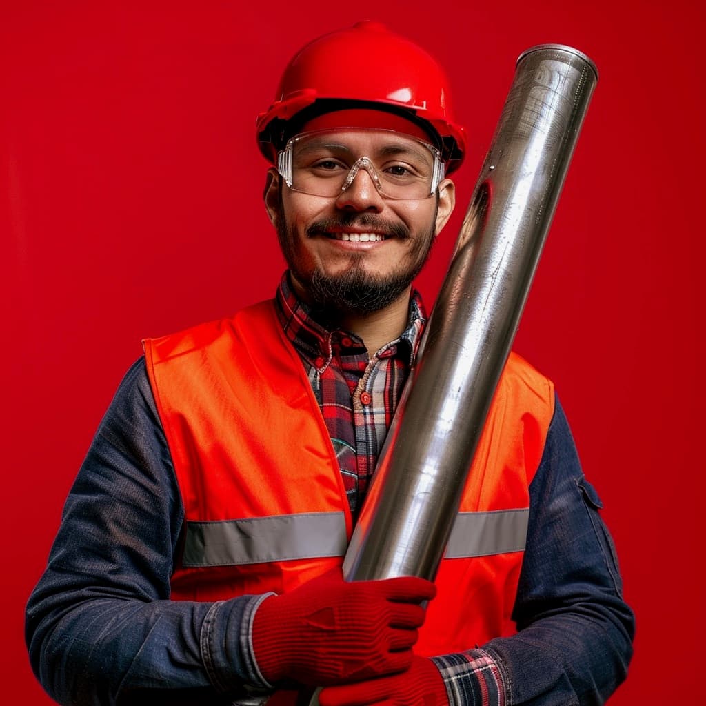 Hombre sonriente con casco y gafas de seguridad, vistiendo un chaleco naranja, sosteniendo una tubería de acero inoxidable. Fondo rojo.
