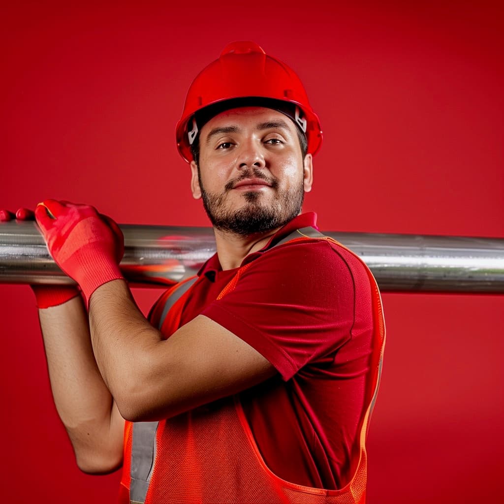 Hombre con casco y guantes rojos, sosteniendo una tubería de acero inoxidable sobre su hombro, frente a un fondo rojo.