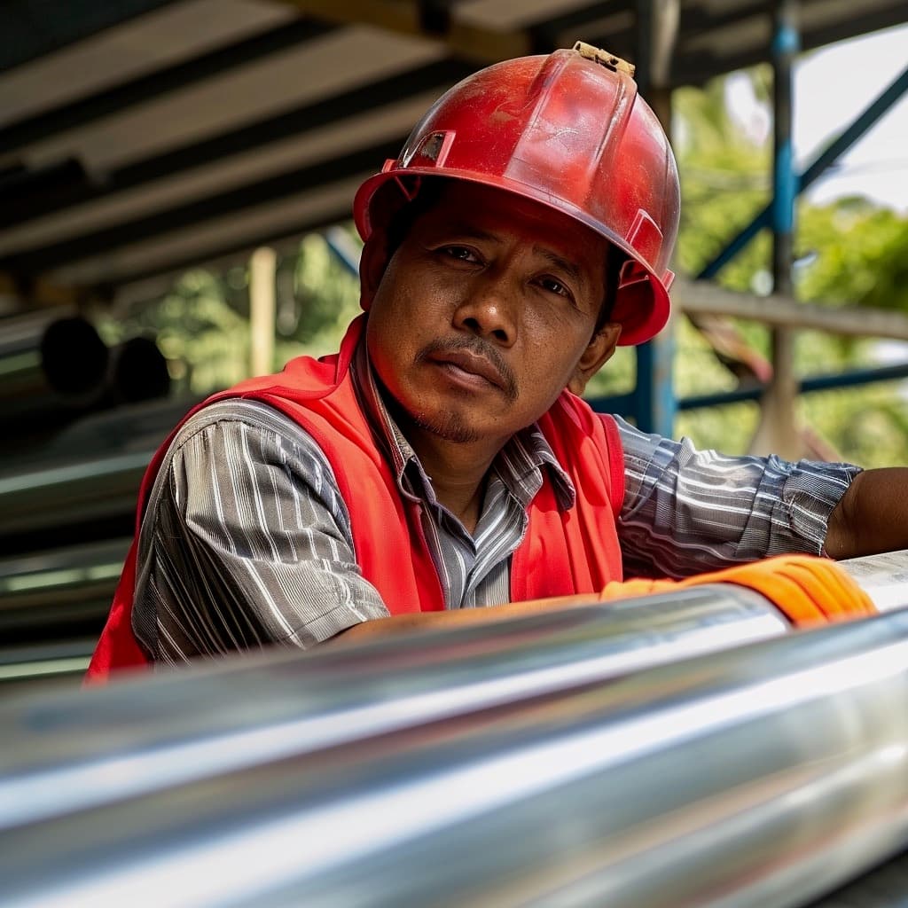 Un trabajador con casco rojo y chaleco de seguridad observa de manera concentrada mientras está rodeado de tubería de acero inoxidable en un entorno industrial.