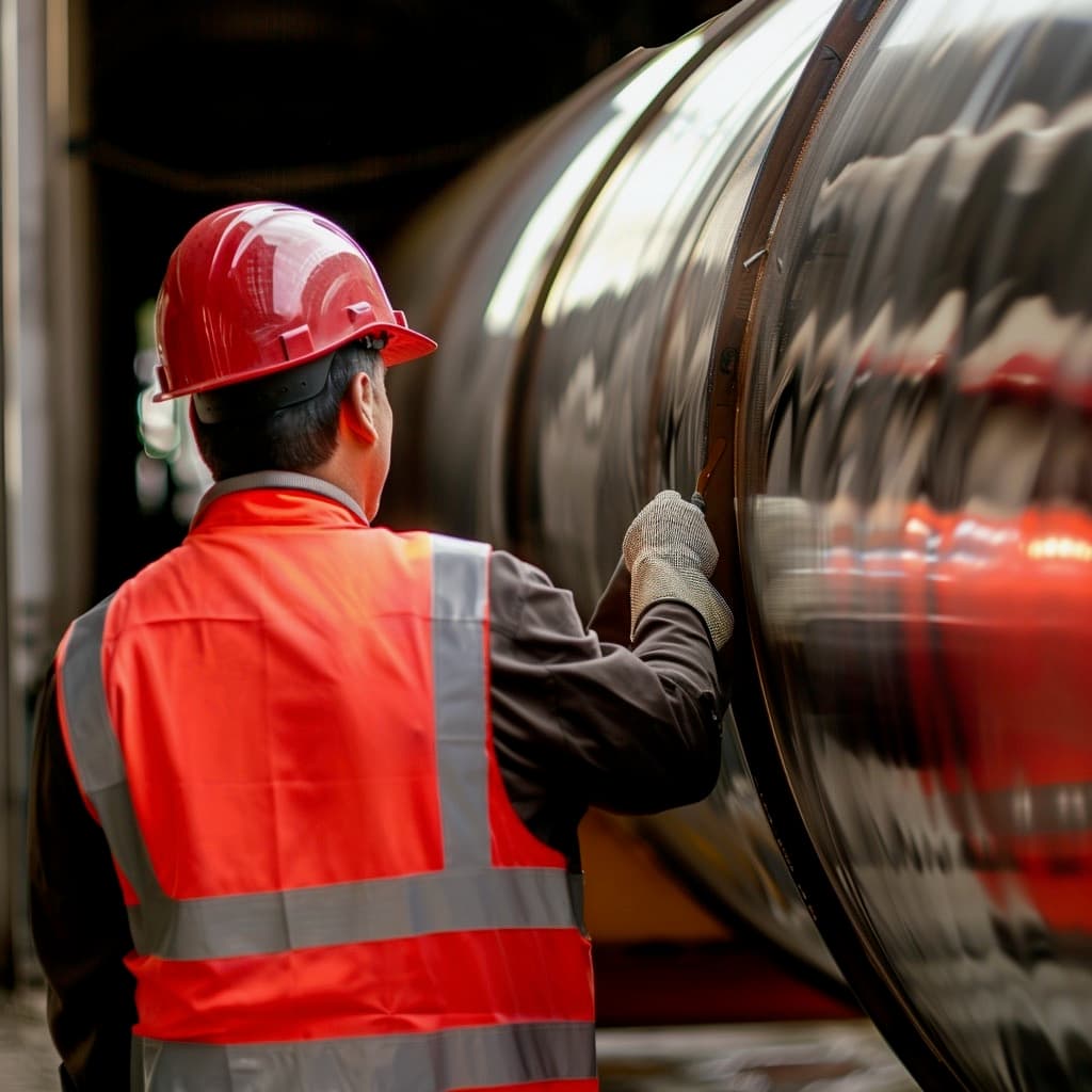 Operario inspeccionando una tubería de acero inoxidable en un entorno industrial, vistiendo casco rojo y chaleco reflectante.