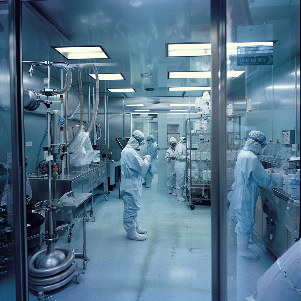 Laboratorio con personal en trajes de protección realizando experimentos en un ambiente controlado.