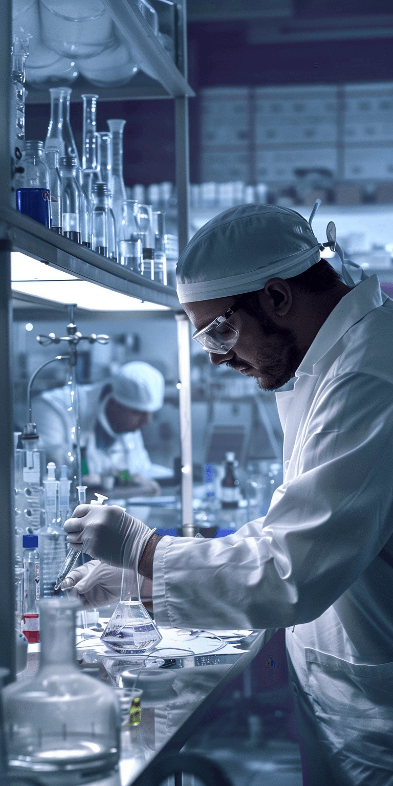 Un laboratorio de investigación donde un científico trabaja con frascos y tubos de ensayo, realizando experimentos en un ambiente iluminado y ordenado.