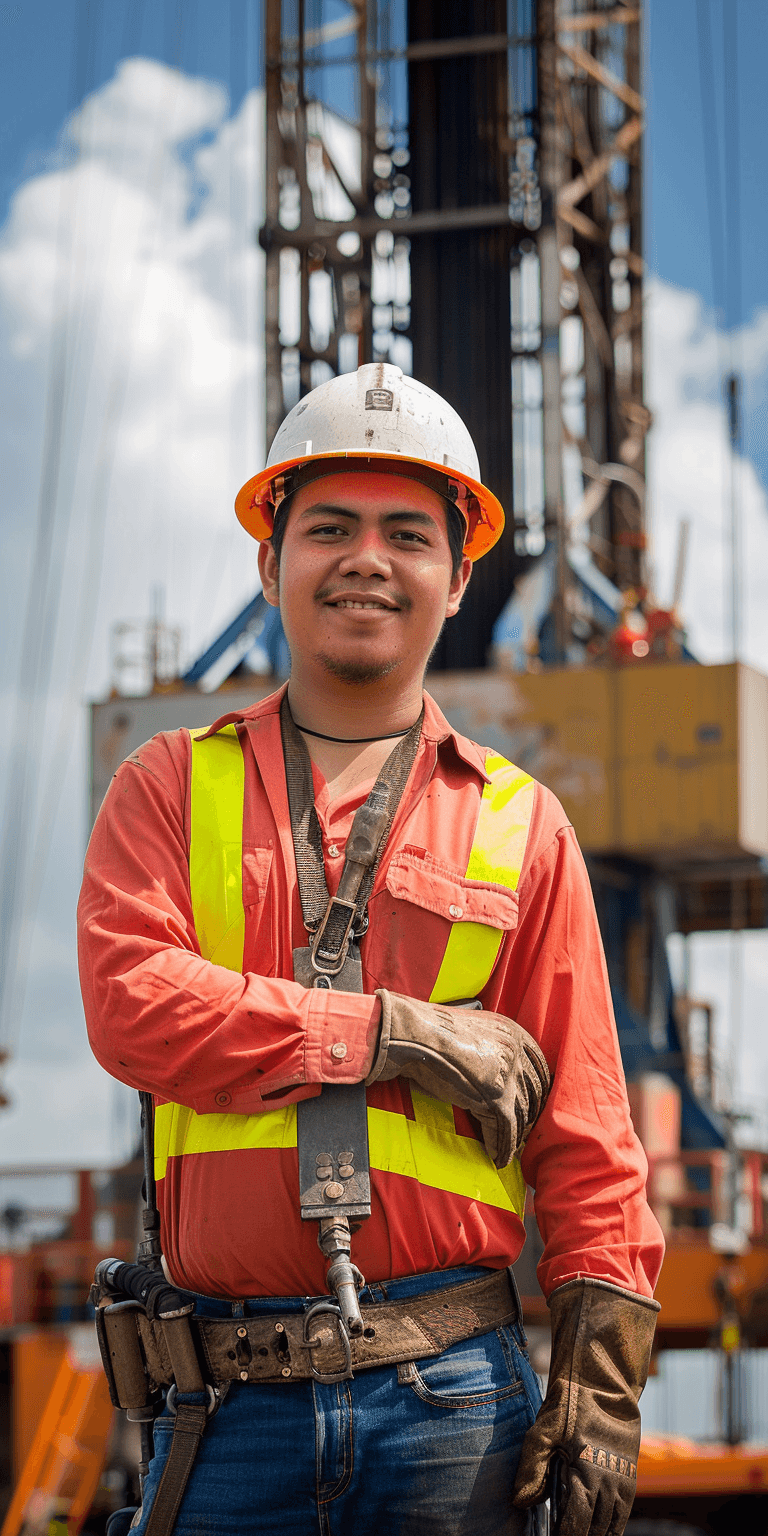 Joven trabajador de la industria del petróleo, con casco y guantes, posando frente a una plataforma de perforación. Lleva una camiseta naranja con reflejantes y parece estar sonriendo.