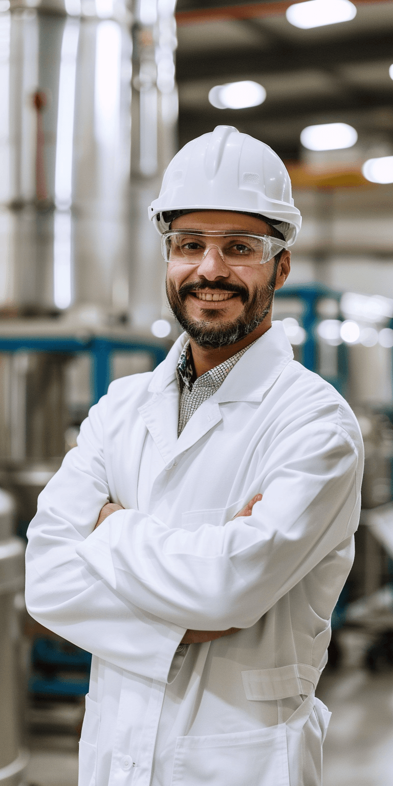 Hombre con bata blanca y casco en un entorno industrial. Sonríe con confianza y tiene gafas de protección.