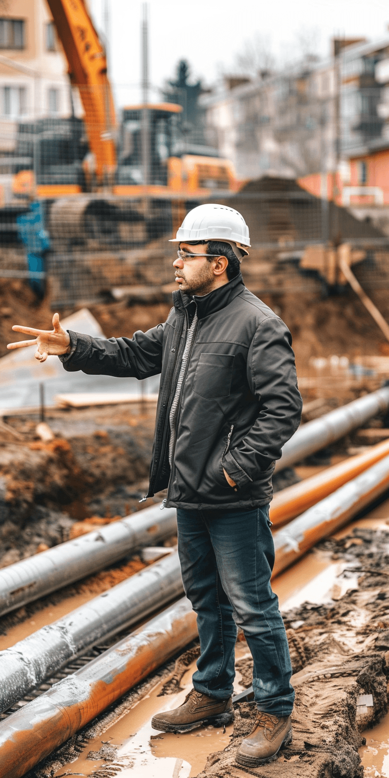 Hombre con casco de seguridad y chaqueta oscura, gesticulando en un sitio de construcción con Tubería de Acero Inoxidable en el suelo y maquinaria de fondo.